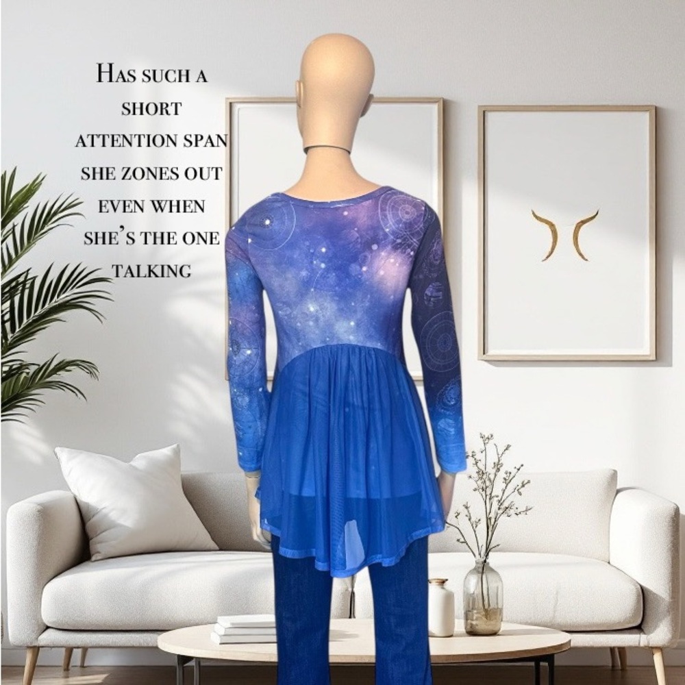 NWOT One World Knit Gemini Zodiac Long Sleeve Mesh Back Hi-Lo Top - Picture 3 of 5